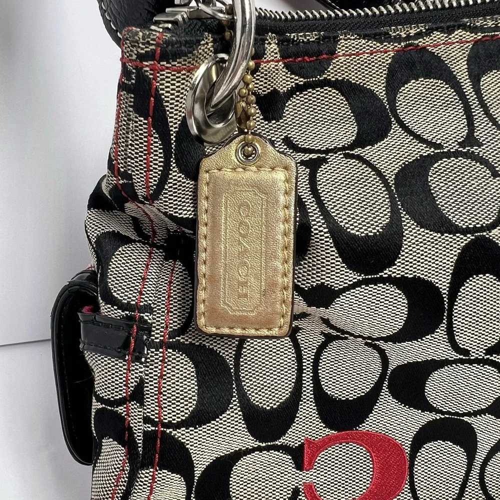 Coach Signature Monogram Hobo Shoulder Bag Black Tan Red Canvas No G1282-21186